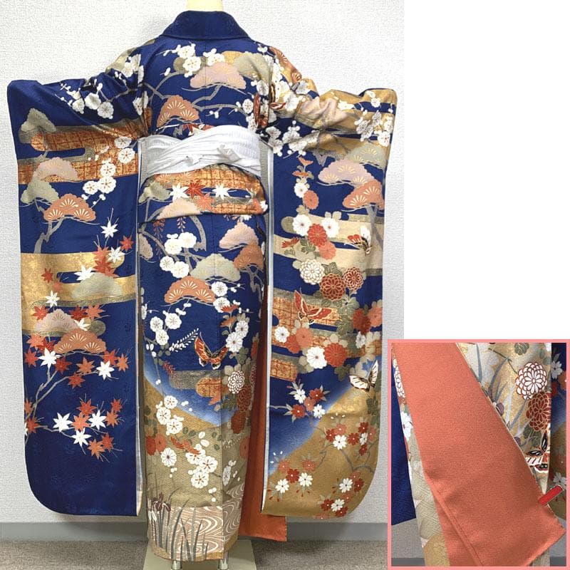 601z21〇人気色！ 古典柄 振袖 紺色 地紋 金彩 金駒刺繍〇成人式 結婚式