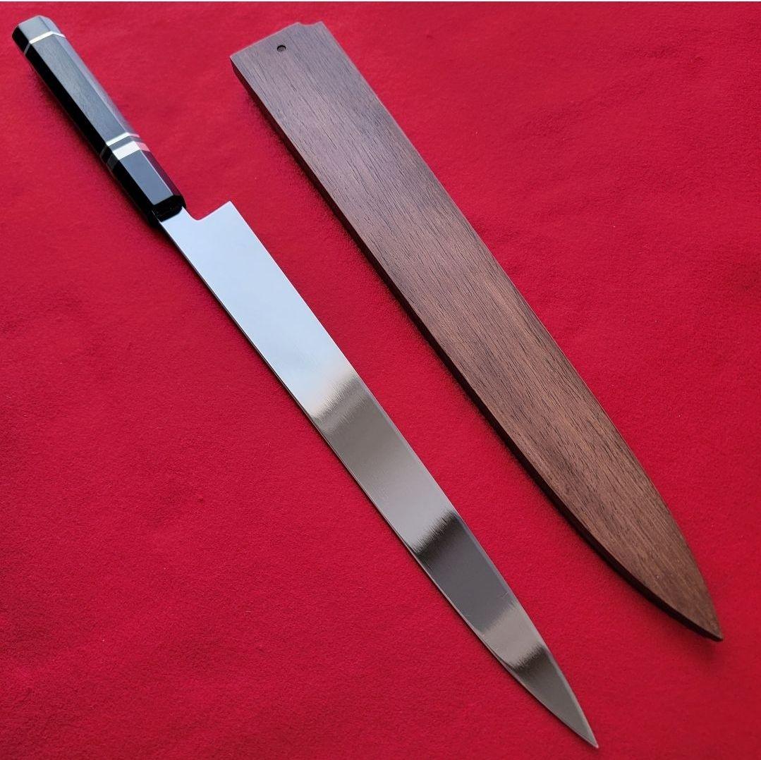 鞘付 尺寸300mm V金10号 鏡面仕上げ 本焼 柳刃包丁 刺身 黒壇