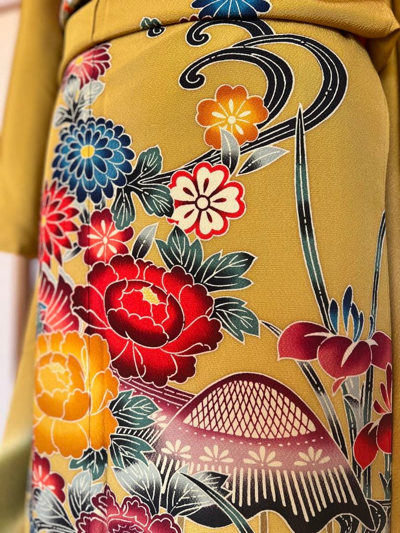 正絹 京紅型 振袖 山吹色 黄色