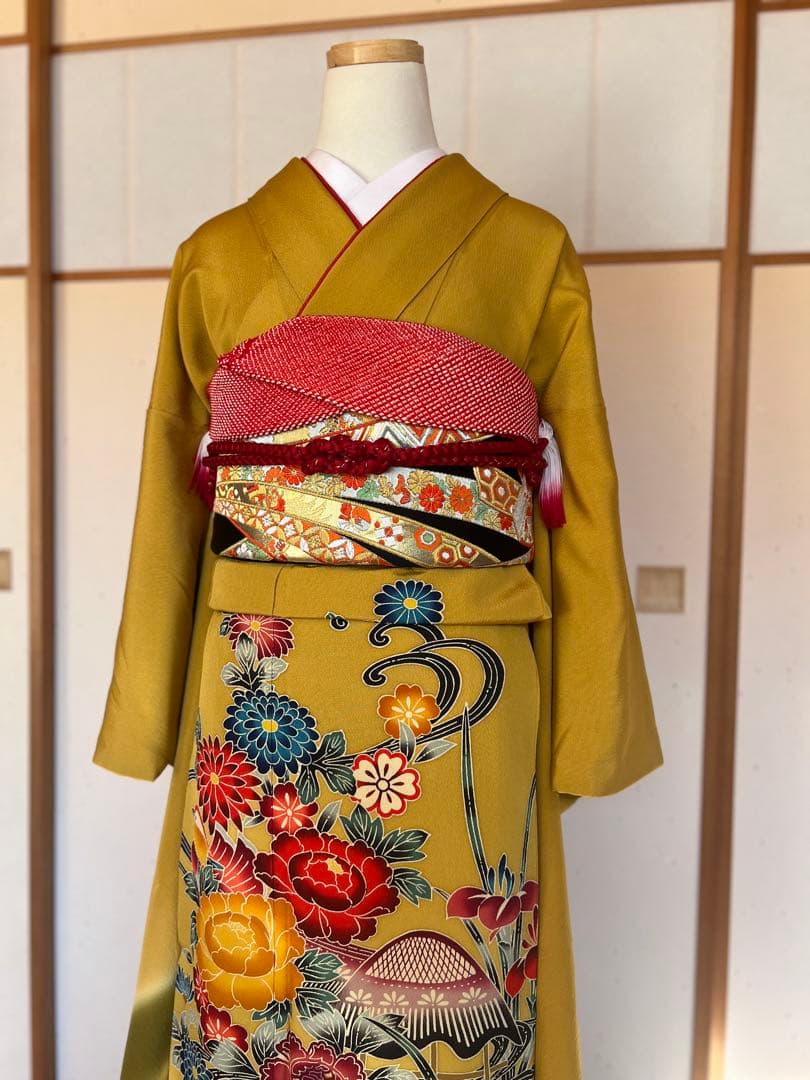 正絹 京紅型 振袖 山吹色 黄色