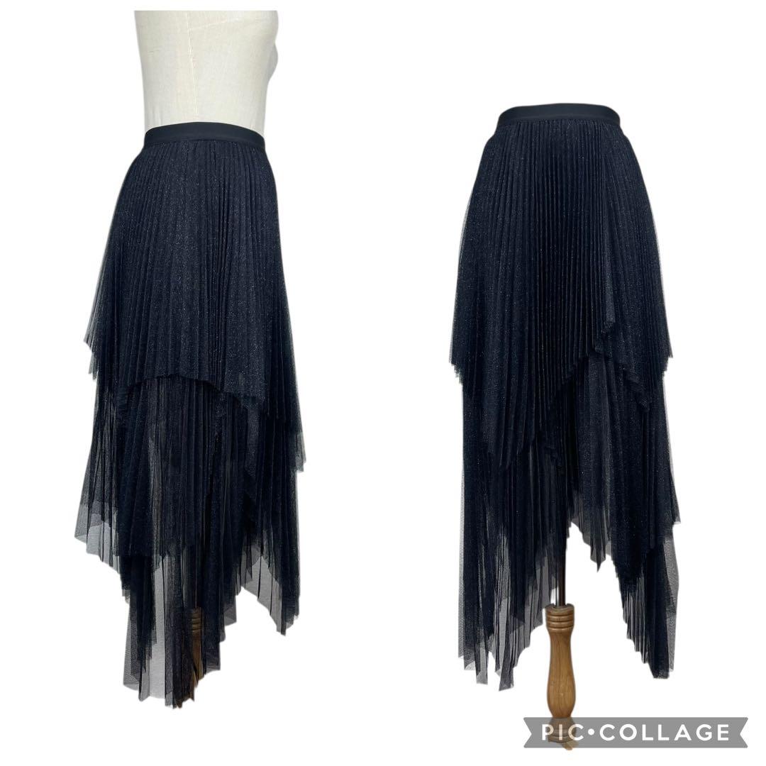 【極美品】オールセインツ★プリーツ　アシメ　ロングスカート　ラメ　チュール　黒