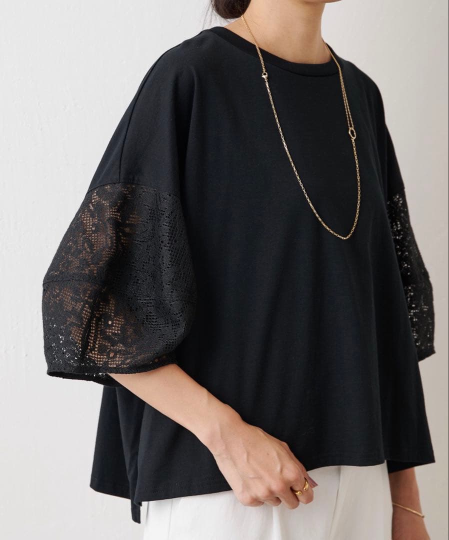 【24SS美品】BEARDSLEY 袖レースカットソー　ブラック