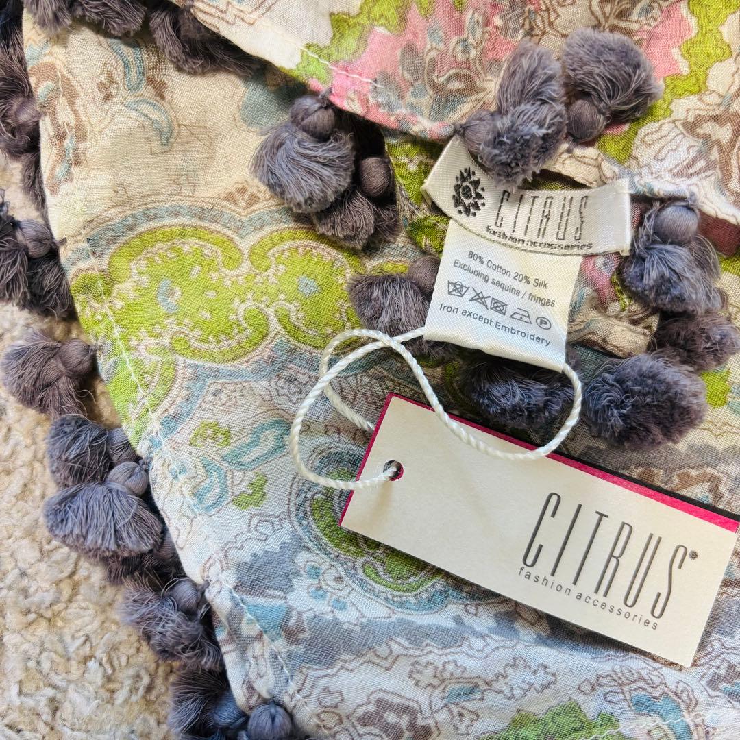 シトラス CITRUS シルク混 ストール 大判 ペイズリー ポンポン タッセル