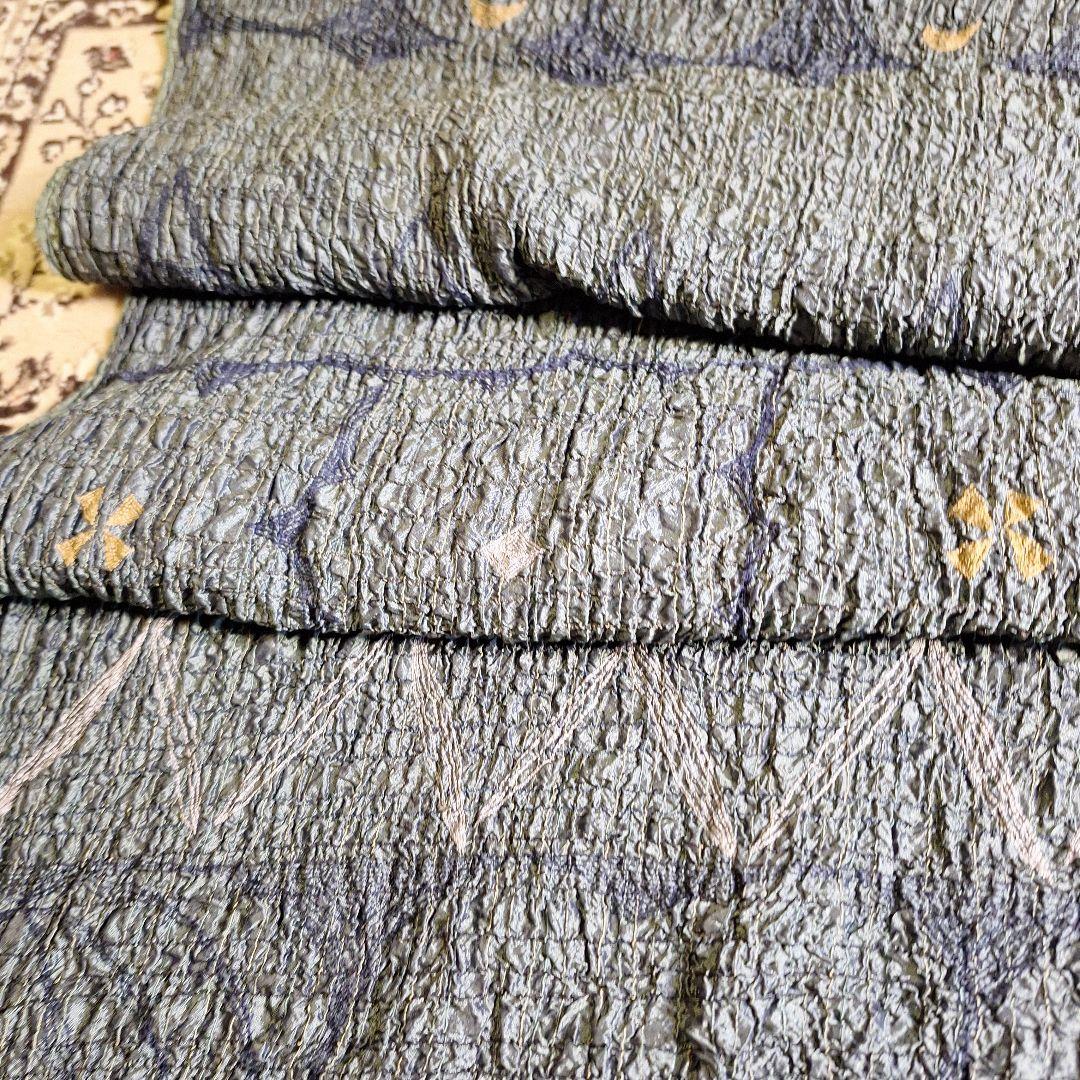 Jureen Leal カーキ色刺繍絞り青緑グラデーション 大判ストールシルク