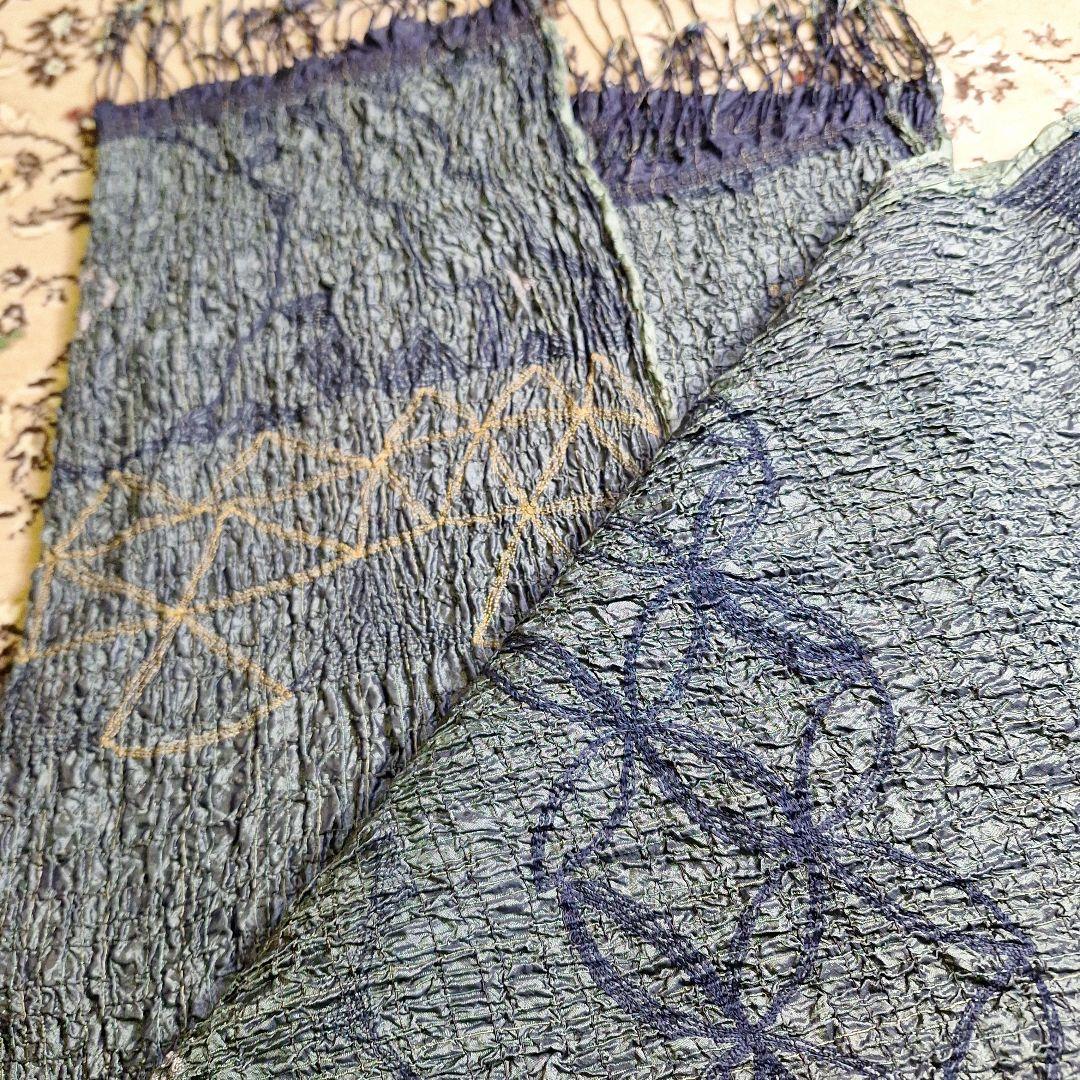 Jureen Leal カーキ色刺繍絞り青緑グラデーション 大判ストールシルク