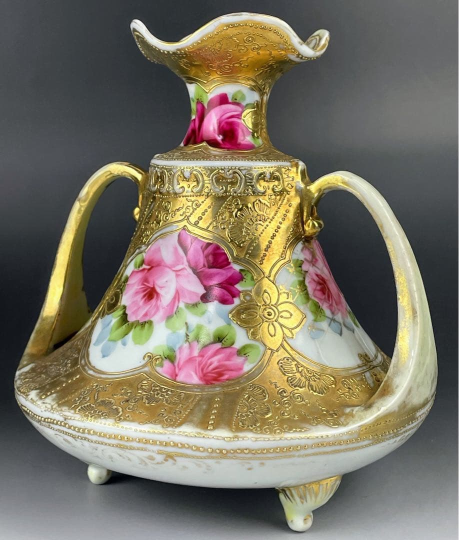 【訳あり】オールドニッポン 金盛り薔薇紋 双耳三脚花瓶 金盛り 三つ足 バラ