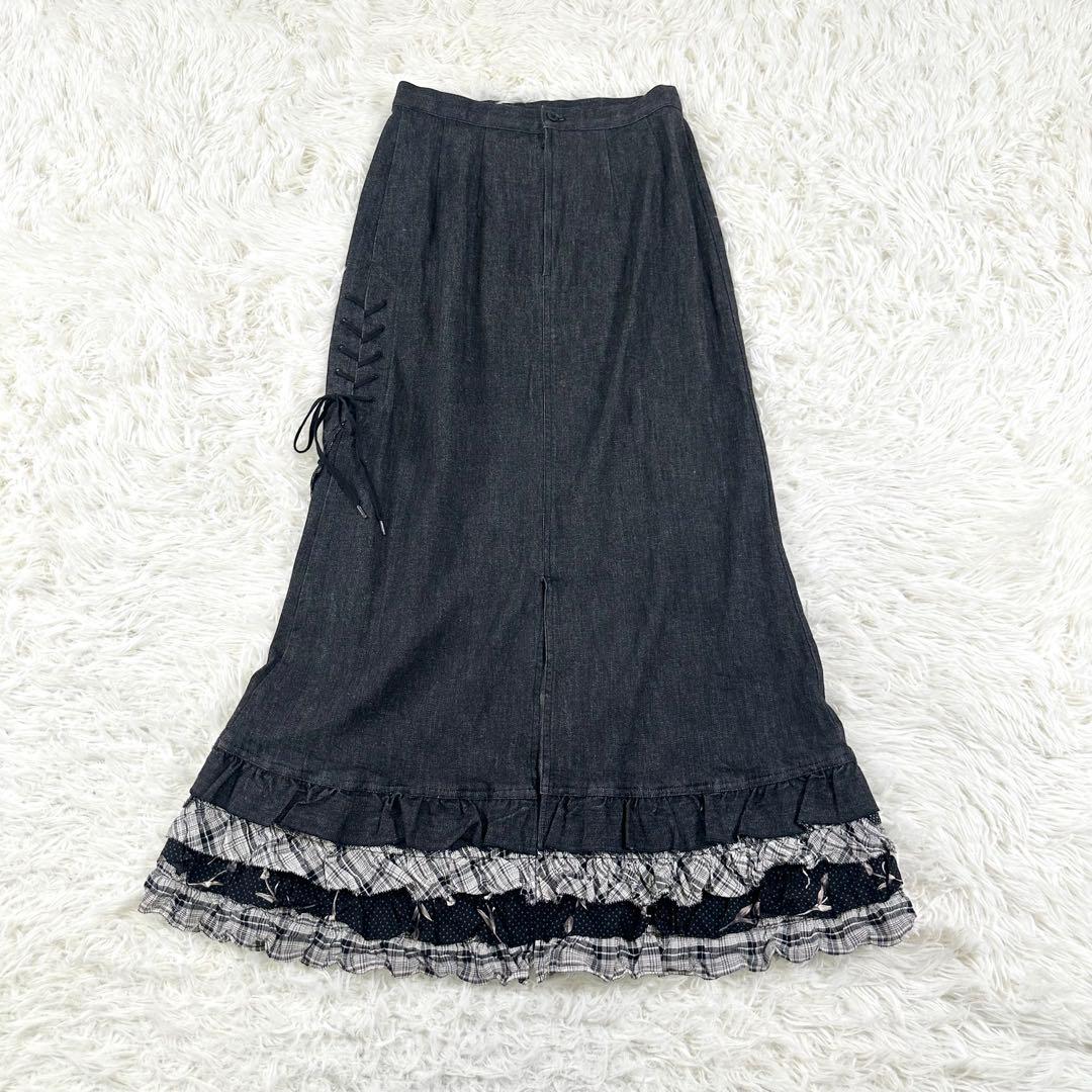 美品✨ ピンクハウス デニム フリル スカート 編み上げリボン スリット　L