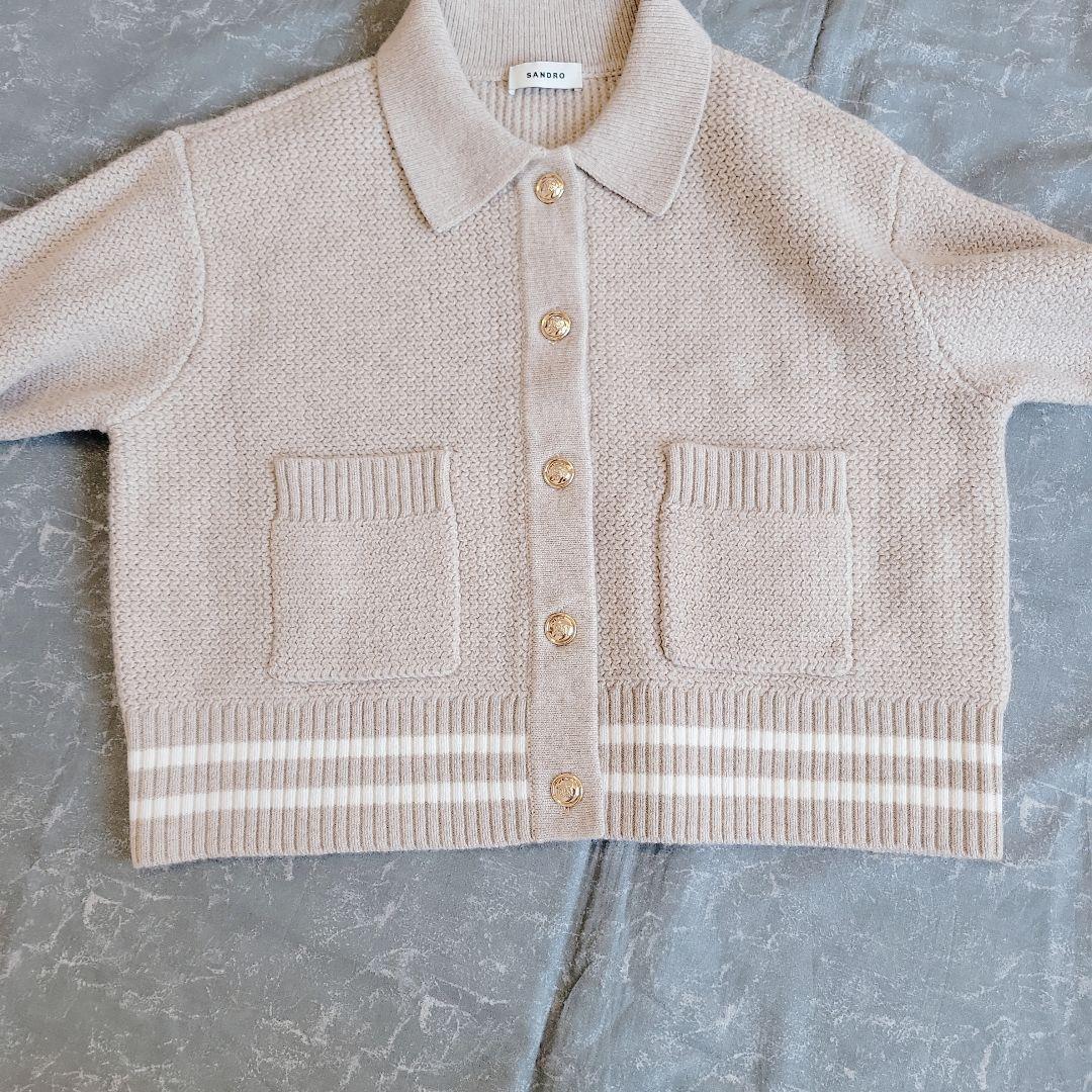 Sandro サンドロ 24AW 襟付きウールカーディガン ベージュ 金ボタン