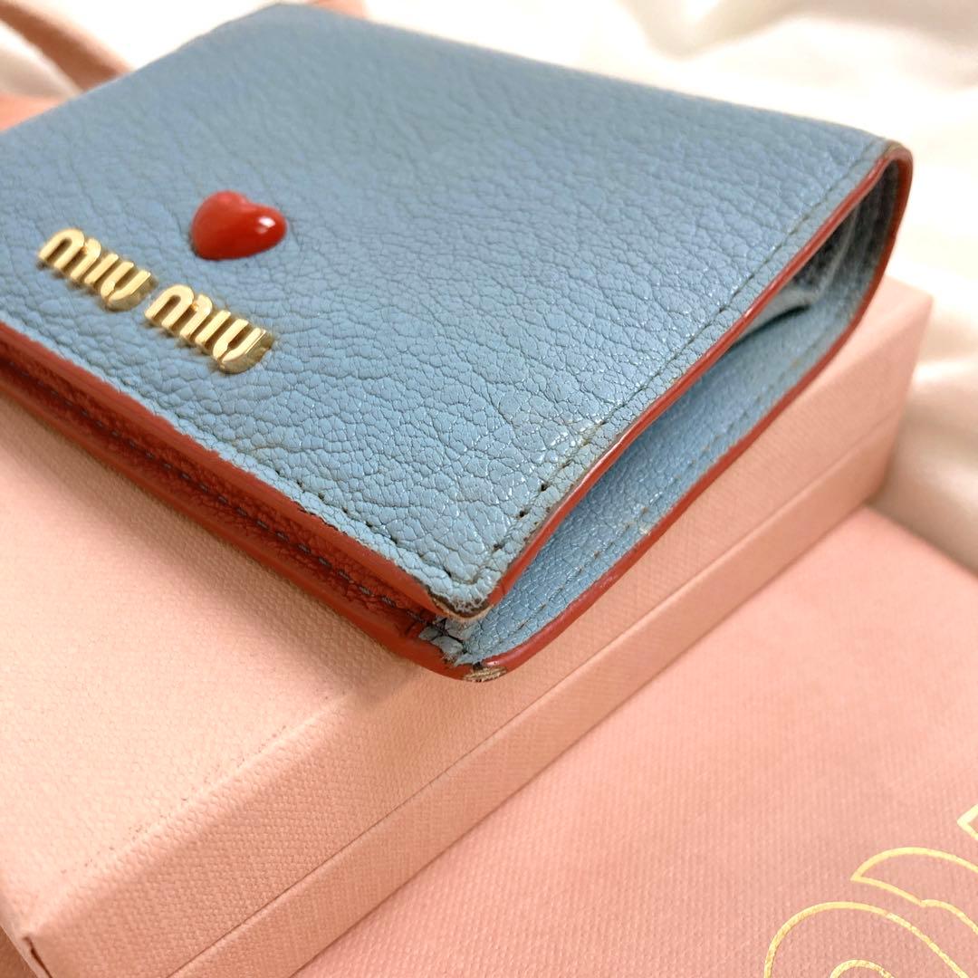 ル*～様 miumiu マドラス ラブ 二つ折り 財布 ブルー 水色 レザー ハ