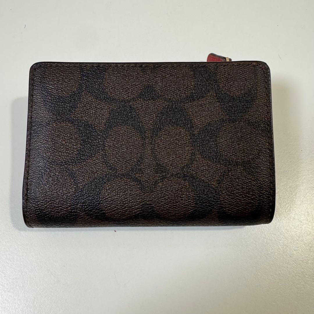 【美品】コーチ 二つ折り財布 シグネチャー ブラウン レッド
