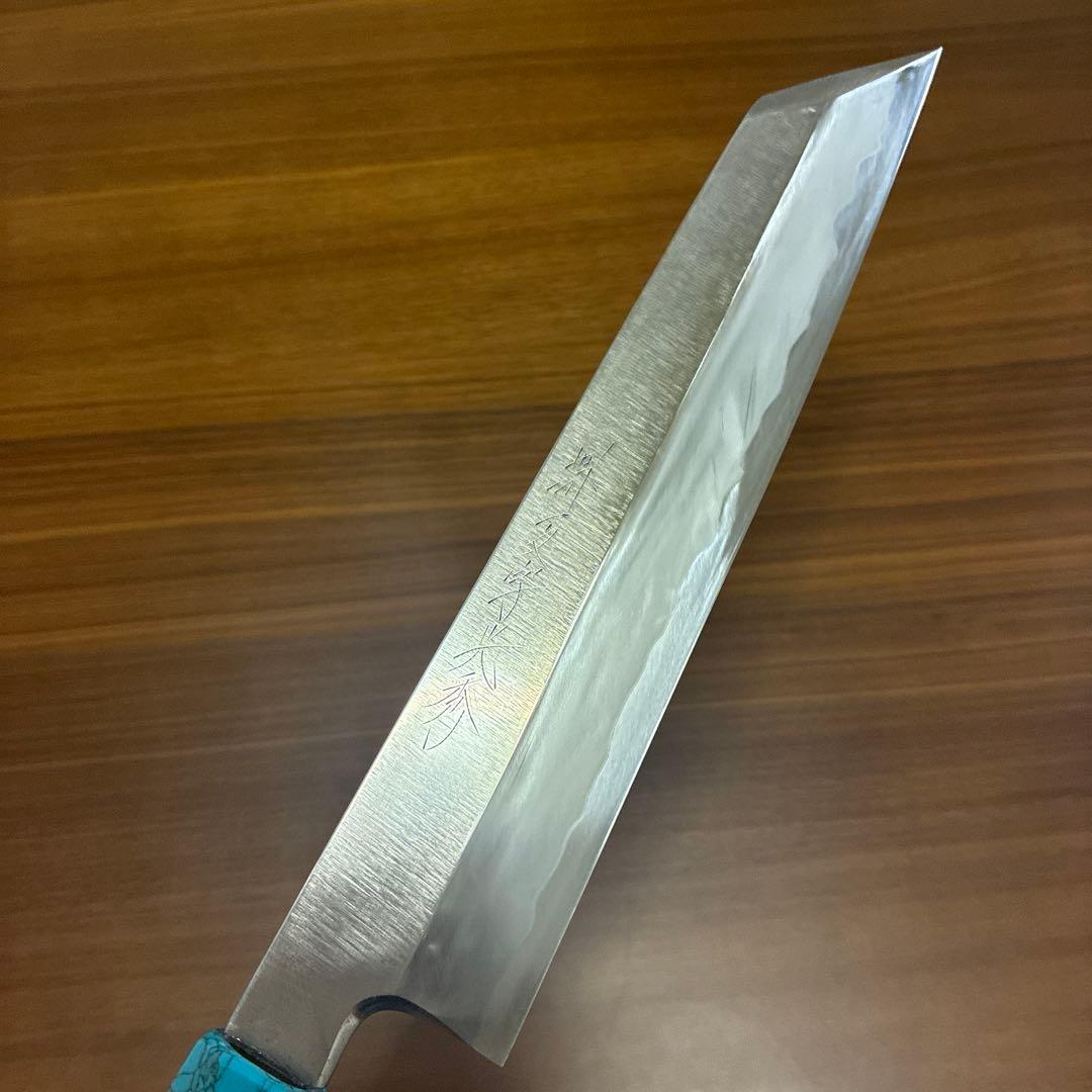 お*ー様 堺一文字光秀 切付け片刃 8寸 青紙2号 紋鍛錬 ターコイズ黒檀柄カス