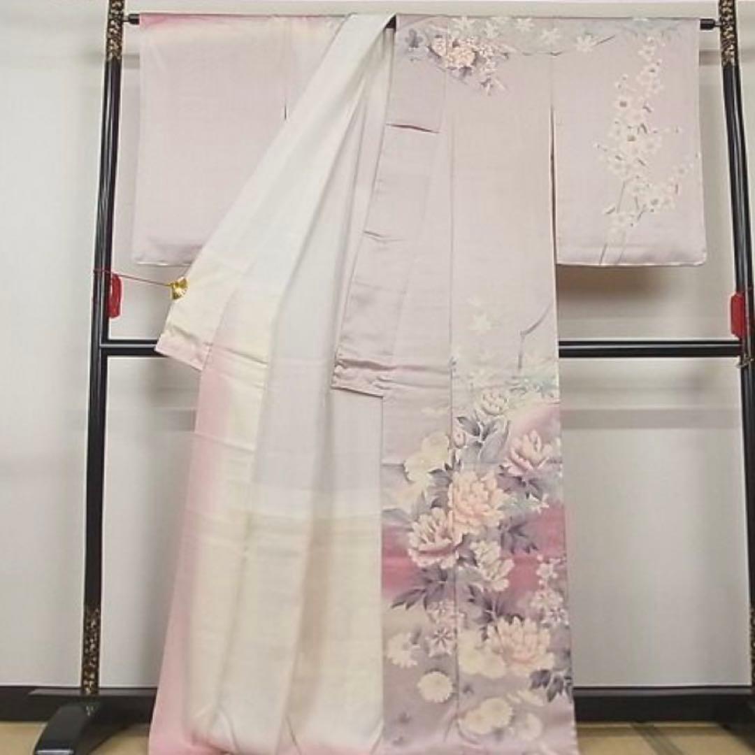 【高級訪問着】 枝花文　暈し染め　銀彩　ロング丈　 正絹　逸品✨No.064❤️