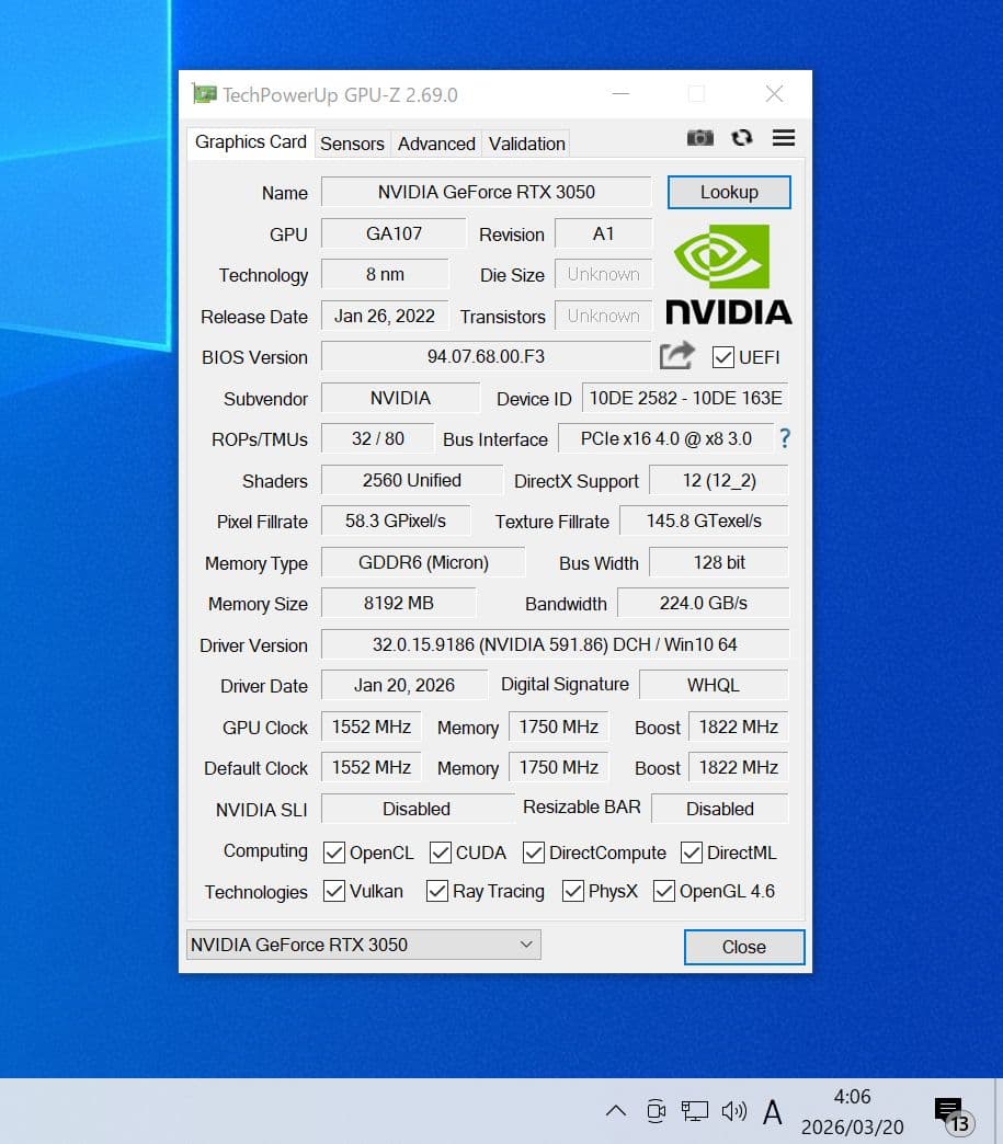 玄人志向 GALAKURO GEFORCE RTX3050 8GB 動作確認済み