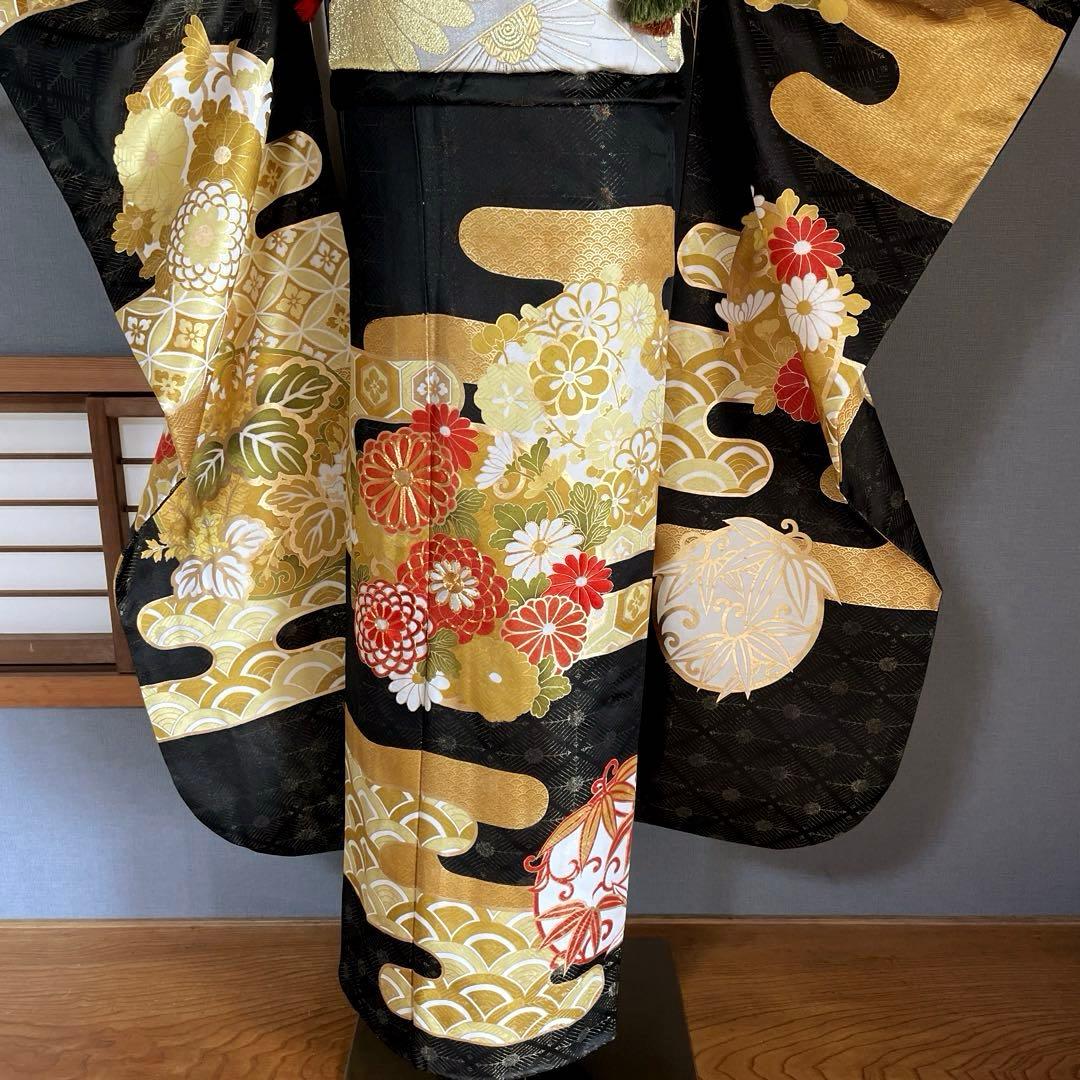 振袖フルセット　手描き友禅　手刺繍　金彩　成人式振袖　振袖　黒