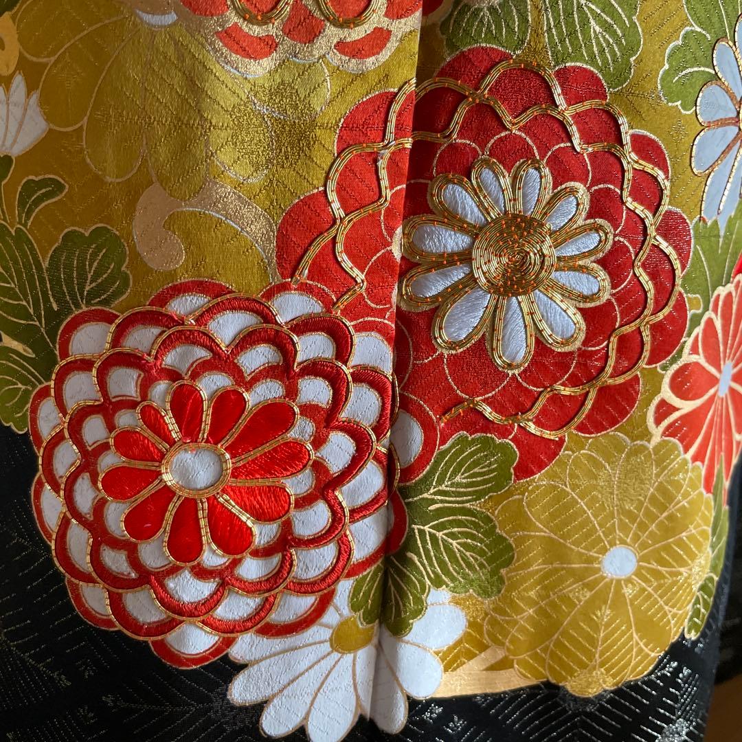 振袖フルセット　手描き友禅　手刺繍　金彩　成人式振袖　振袖　黒