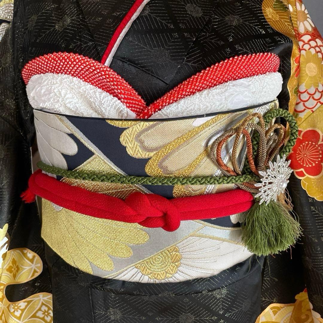 振袖フルセット　手描き友禅　手刺繍　金彩　成人式振袖　振袖　黒