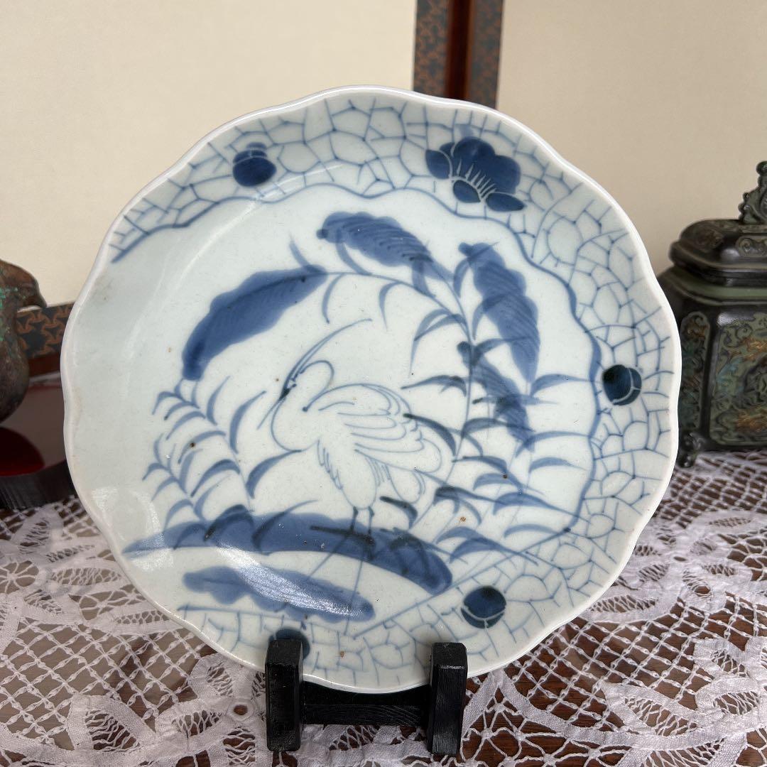 藍九谷氷砕鷺草花紋上手江戸期　極美品