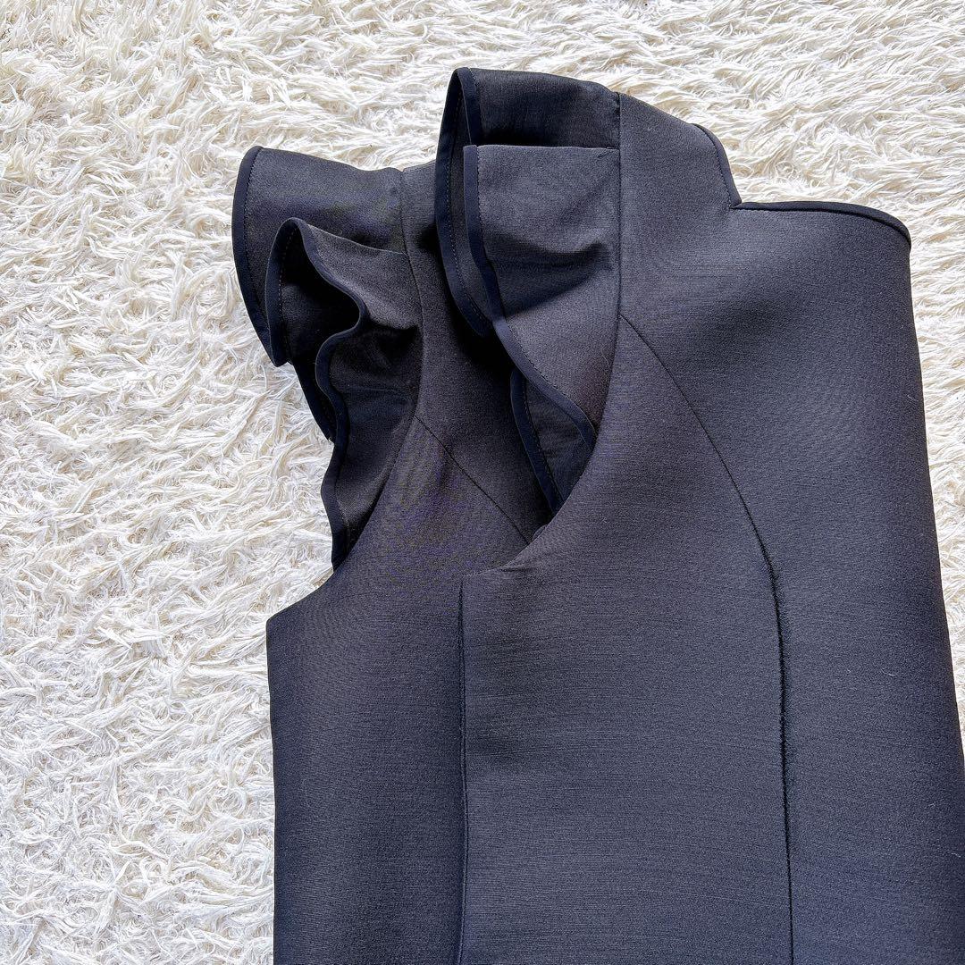 フォクシー Dress フリルドレス 40 黒 ひざ丈 光沢 袖フリル