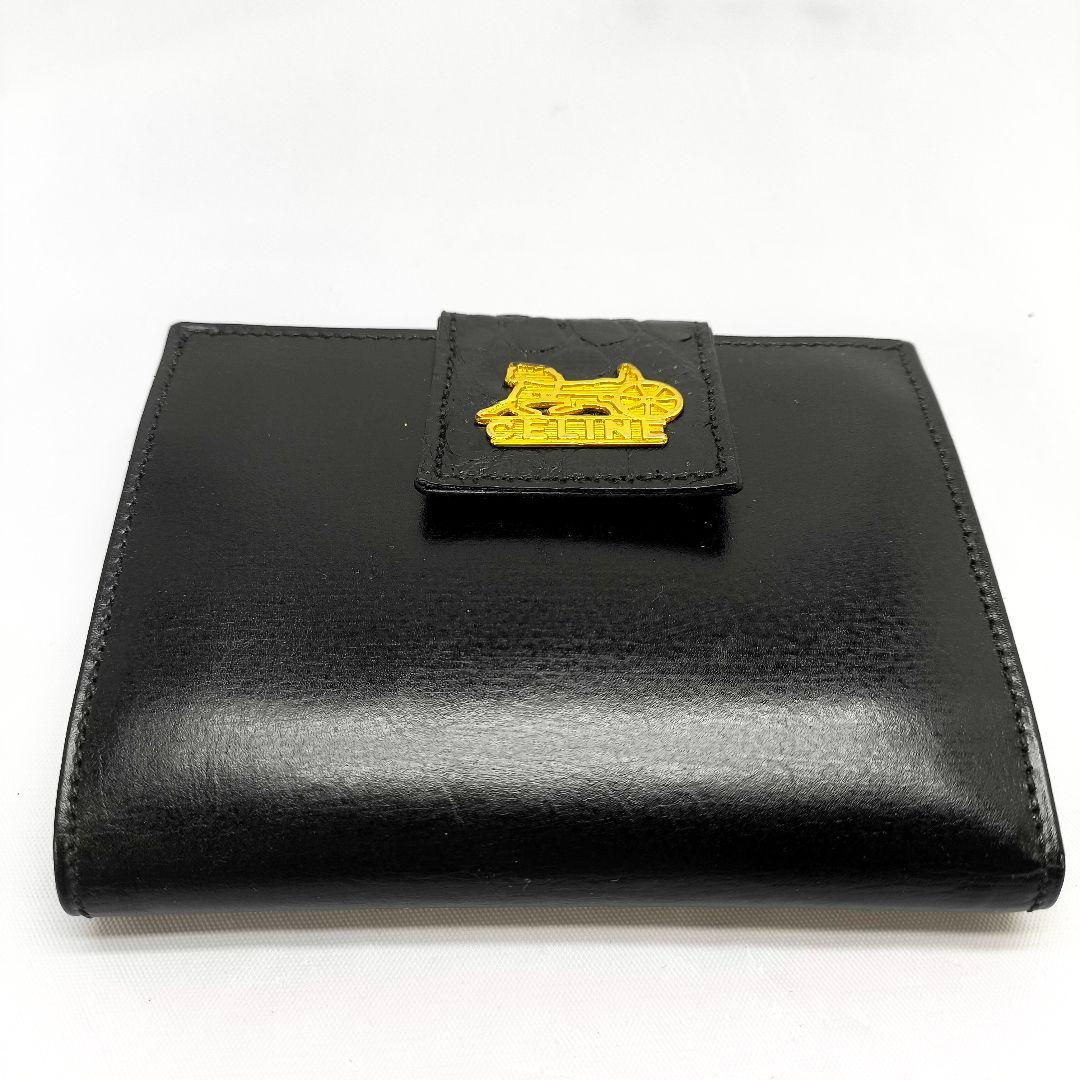 美品 セリーヌ 馬車 ガマ口 二つ折り財布 クロコ コンパクトウォレット 黒