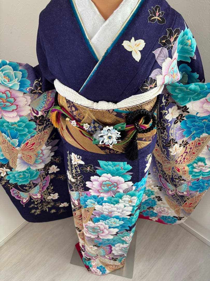 新品　豪華振袖フルセット　蝶　牡丹　ブルー系　大輪　成人式に！！
