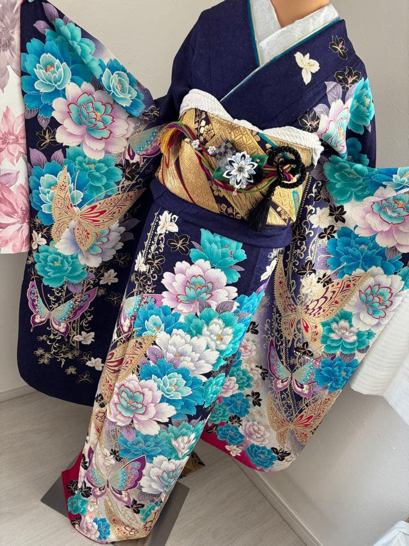 新品　豪華振袖フルセット　蝶　牡丹　ブルー系　大輪　成人式に！！