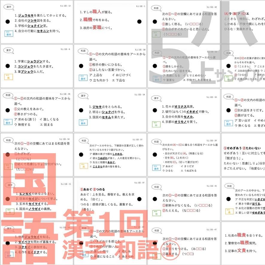 中学受験 暗記カード【5年上 国語1-9回】 予習シリーズ 組み分け対策