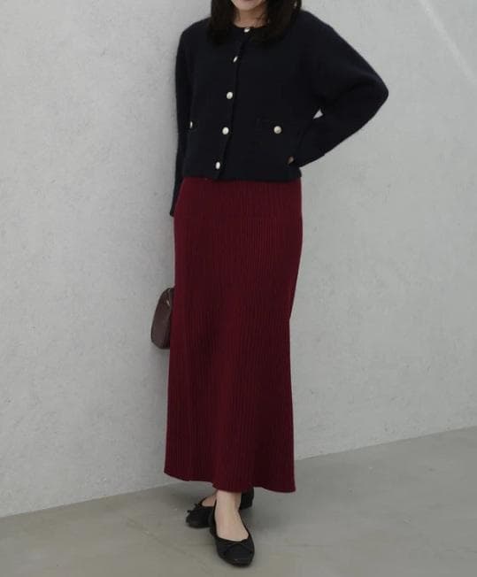 新品 コヒナ ウォッシャブルウールリブIラインスカート short ボルドー