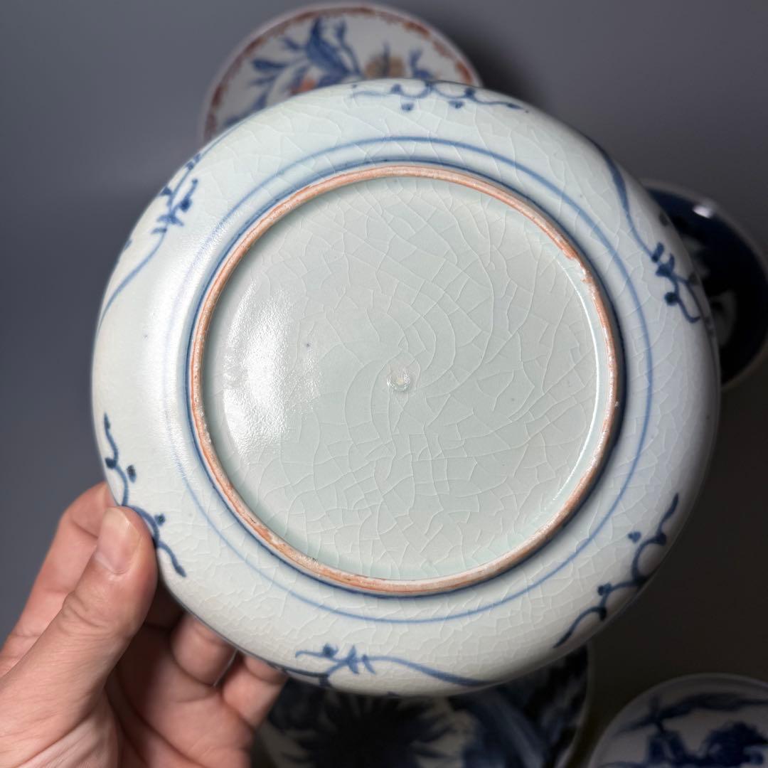 古伊万里　染付　青花　錦　花蝶図　墨弾き　芙蓉手　風景画　まとめて六枚　平皿　鉢