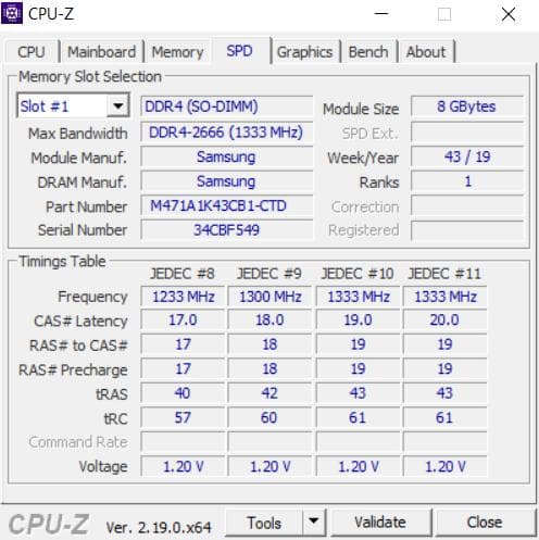 メモリー 8 GB DDR4 2666MHz Samsung SODIMM