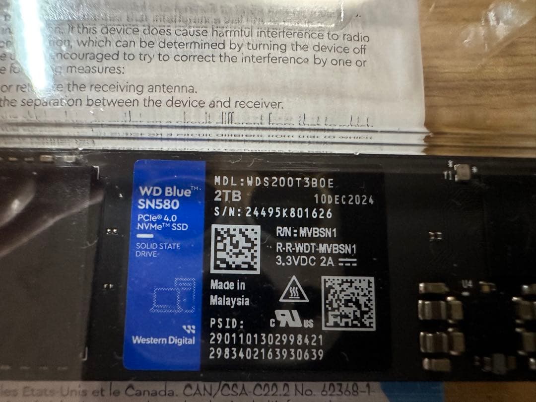 WD Blue SN580 2TB NVMe SSD PCIe4 動作確認済み