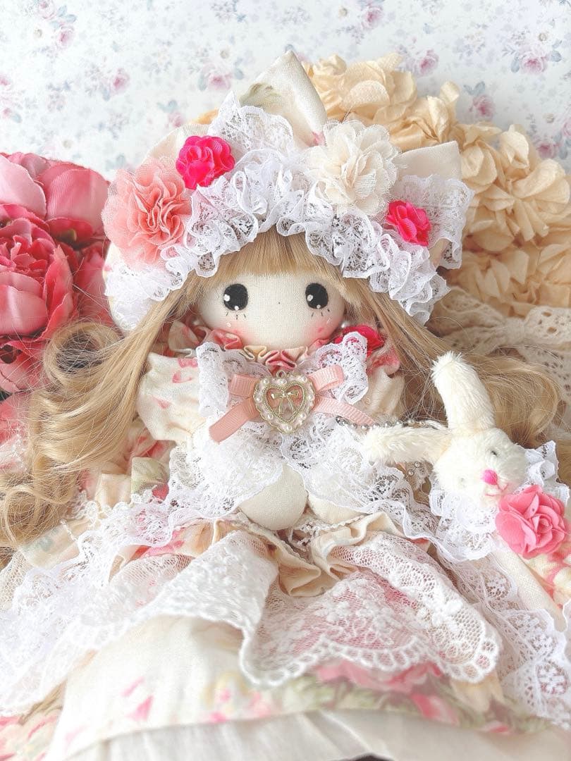 カントリードール♡ハンドメイド♡お人形♡お花柄アイボリーピンク♡