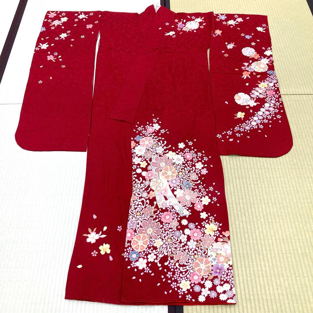 ☆中古品☆振袖　単品　正絹　赤系花模様B級品ヤケ・小キズ有り振袖