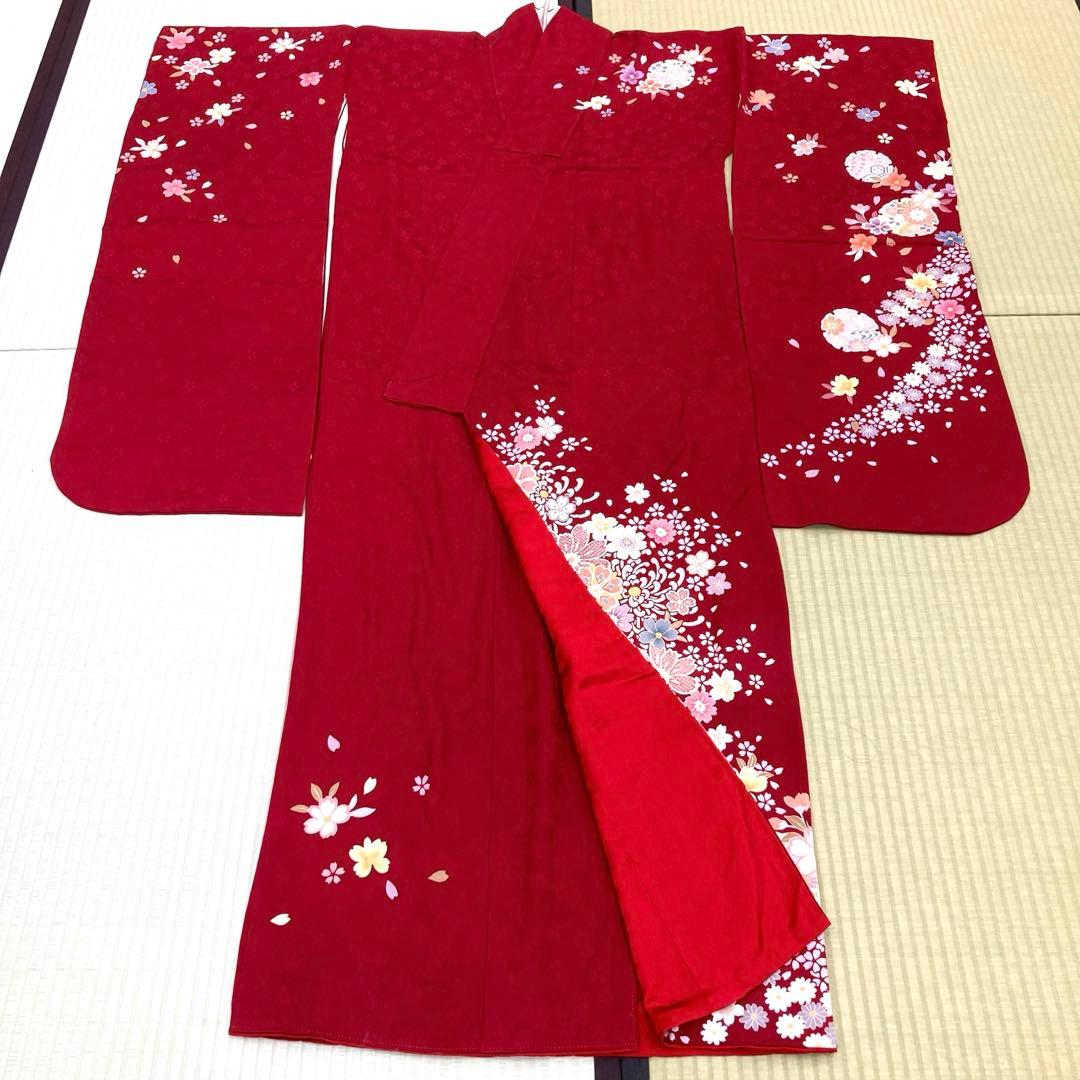 ☆中古品☆振袖　単品　正絹　赤系花模様B級品ヤケ・小キズ有り振袖