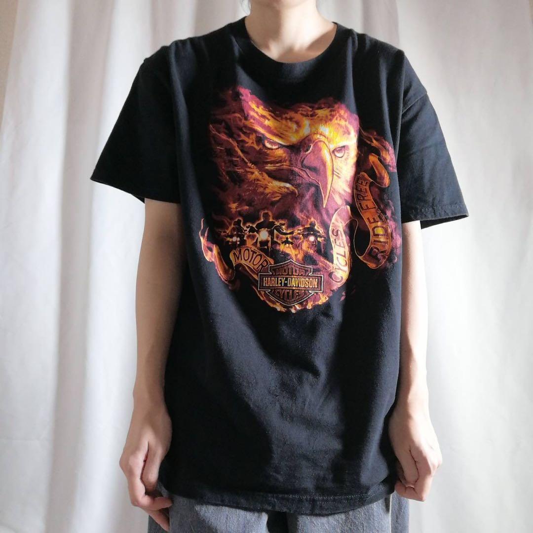 ハーレーダビッドソン 両面ビッグロゴ プリントTシャツ 炎 鷲 L ブラック