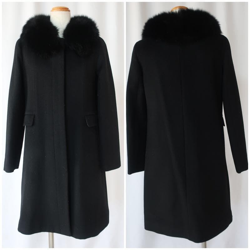 【タグ付き】クイーンズコート ロングコート フォックスファー カシミヤ混 黒 M
