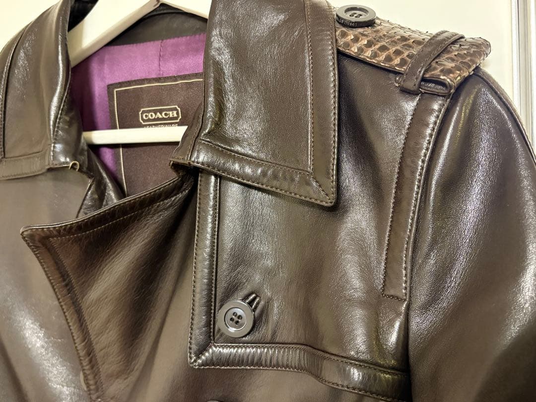 コーチ COACH レザー トレンチコート ダークブラウン