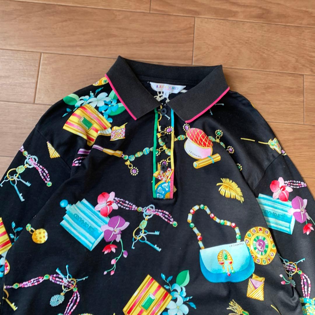 LEONARD SPORT 総柄 アクセサリー柄 ポロシャツ BK Lサイズ