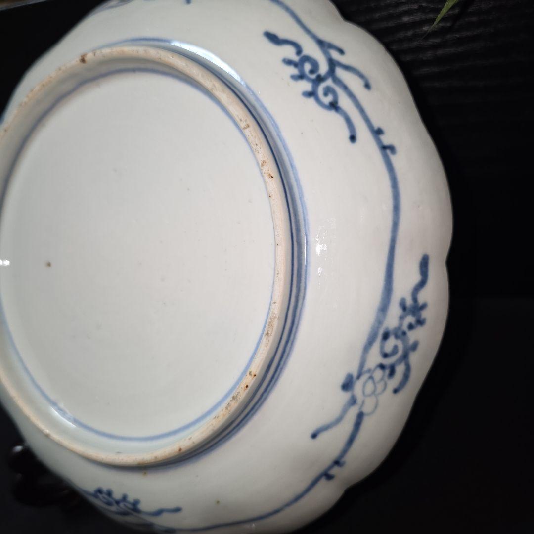 古伊万里　輪花皿　絵皿　朝日に金彩 鳥 山水図　深皿　3枚