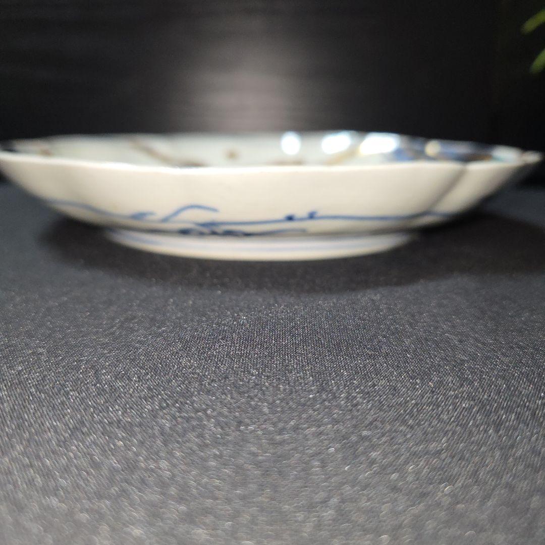 古伊万里　輪花皿　絵皿　朝日に金彩 鳥 山水図　深皿　3枚