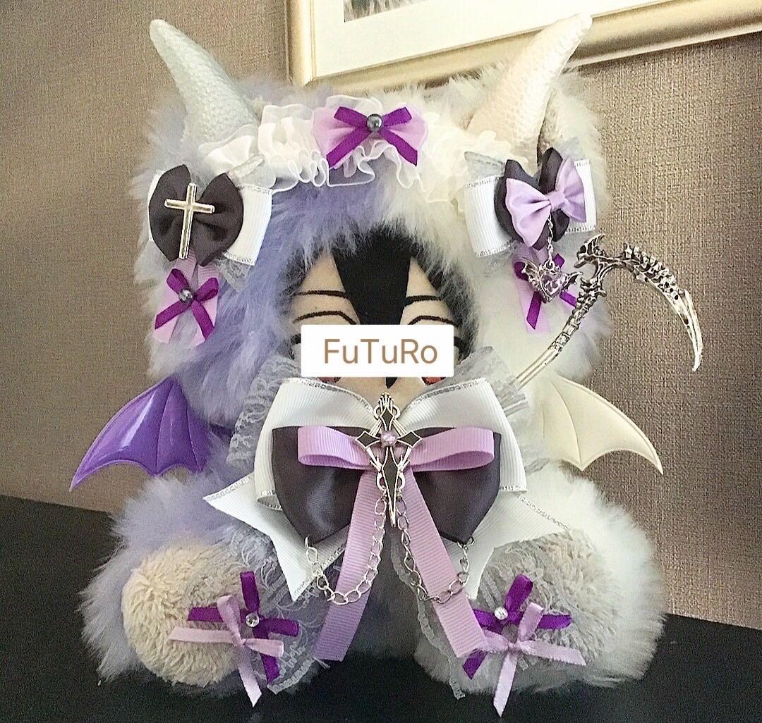 【122】ねこ　デビル　薄紫＆白 おすわり　ぬい服　16cm 着ぐるみ