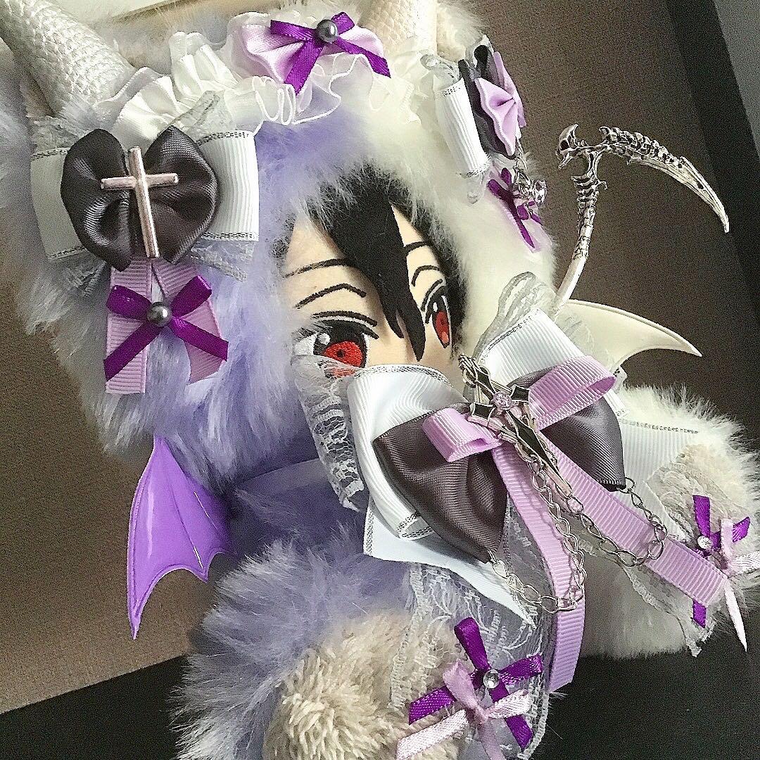 【122】ねこ　デビル　薄紫＆白 おすわり　ぬい服　16cm 着ぐるみ