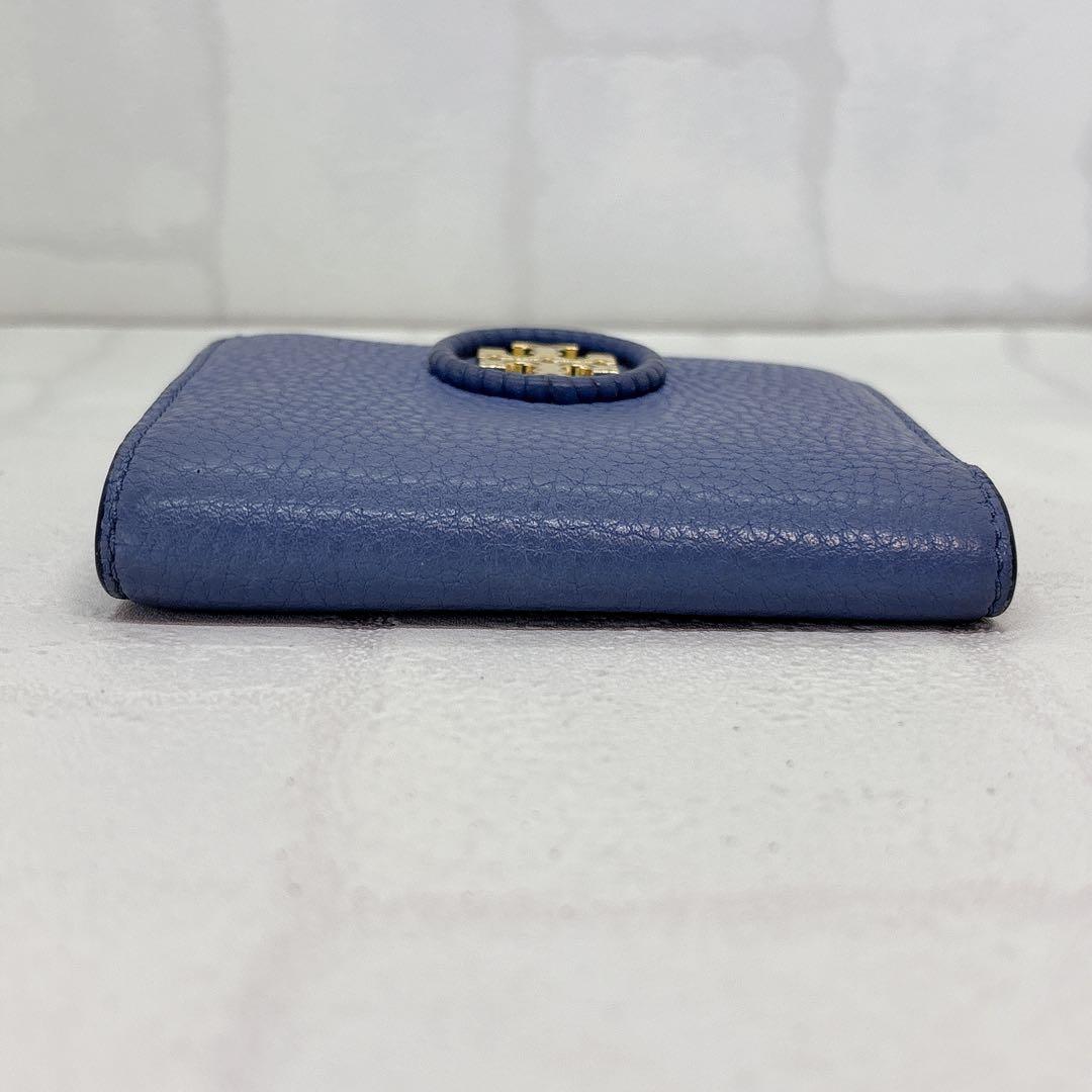 美品✨ トリーバーチ TORY BURCH 折財布 二つ折り ブルー シボ革 金