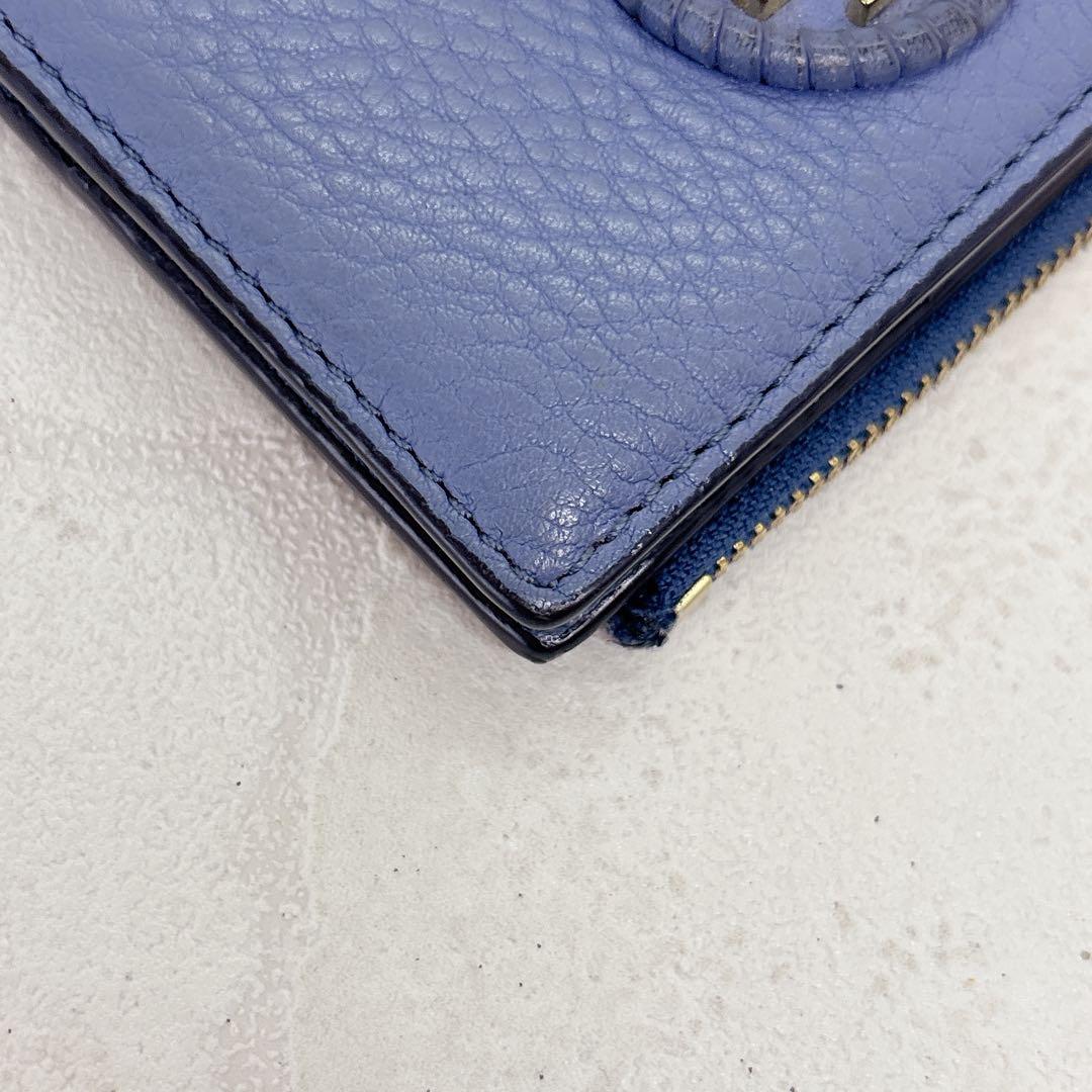 美品✨ トリーバーチ TORY BURCH 折財布 二つ折り ブルー シボ革 金