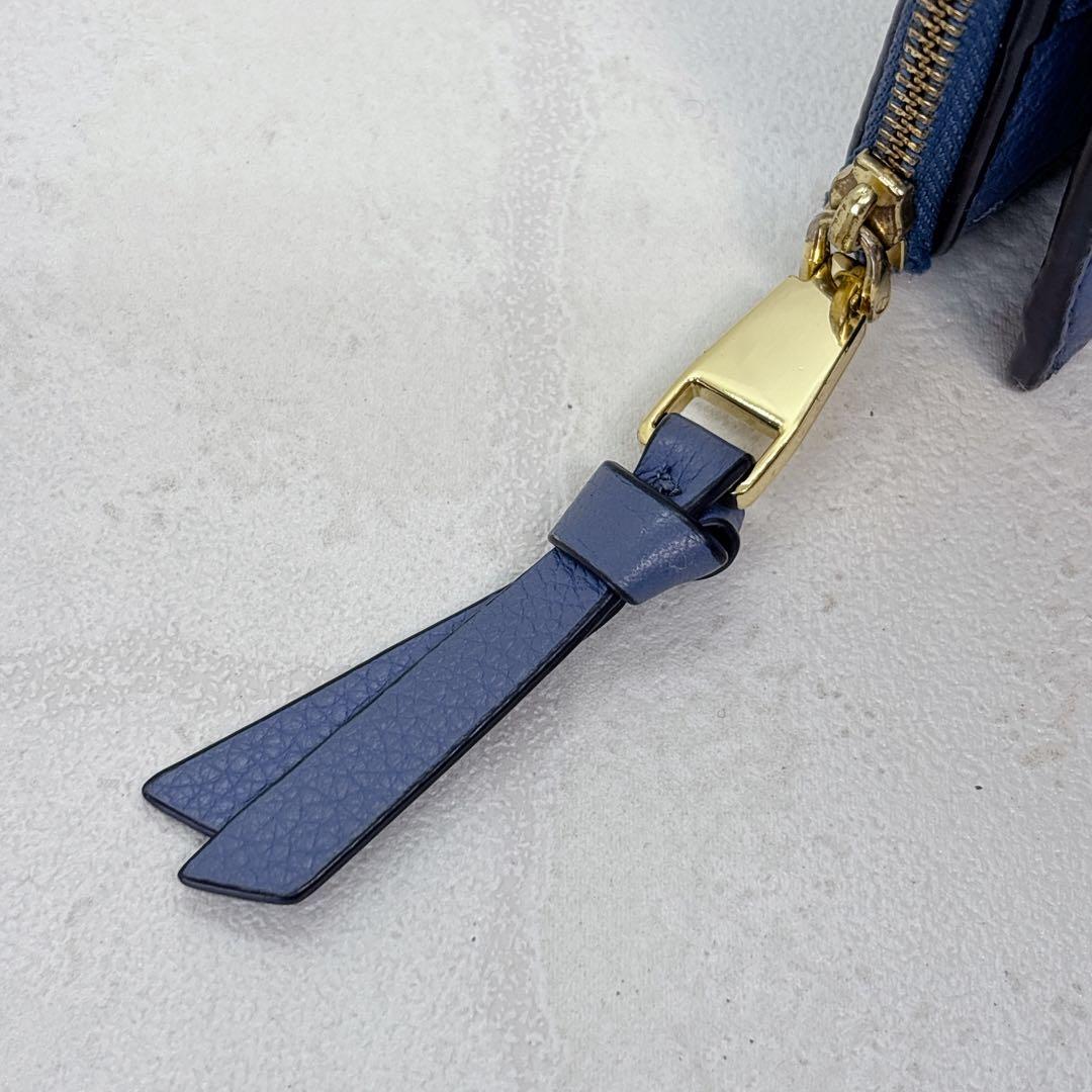 美品✨ トリーバーチ TORY BURCH 折財布 二つ折り ブルー シボ革 金