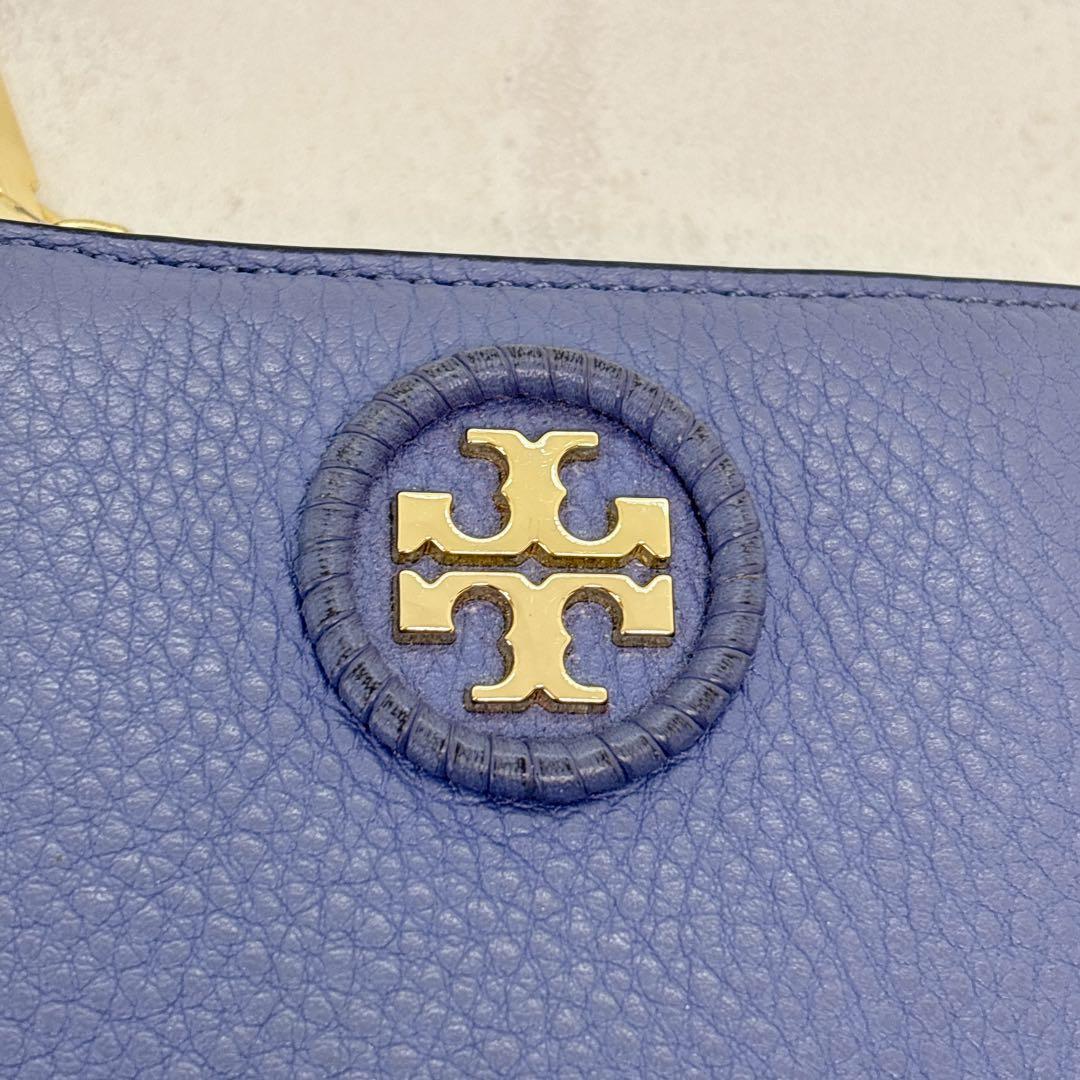 美品✨ トリーバーチ TORY BURCH 折財布 二つ折り ブルー シボ革 金