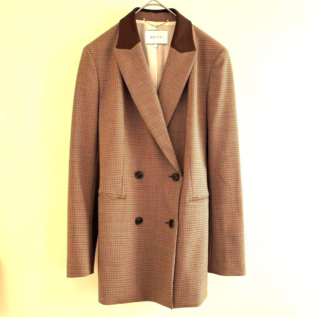 【春コーデ】チェック柄 ダブルブレスト ジャケット ブラウン M BEIGE