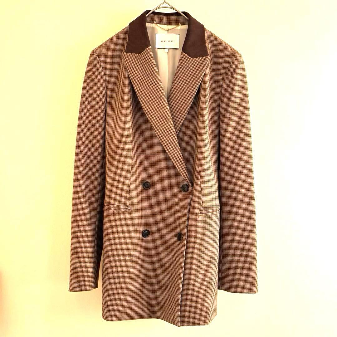 【春コーデ】チェック柄 ダブルブレスト ジャケット ブラウン M BEIGE