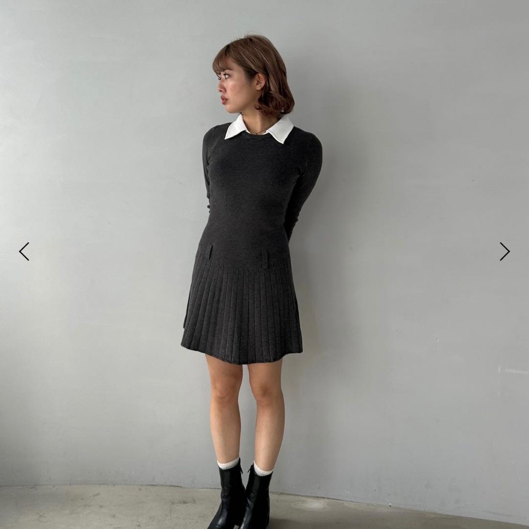 【美品】Fano Studios シャツカラー プリーツニットミニワンピース M