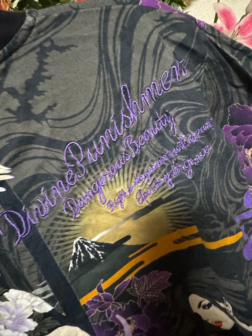 抜刀娘総柄シャツ 黒紫 花柄