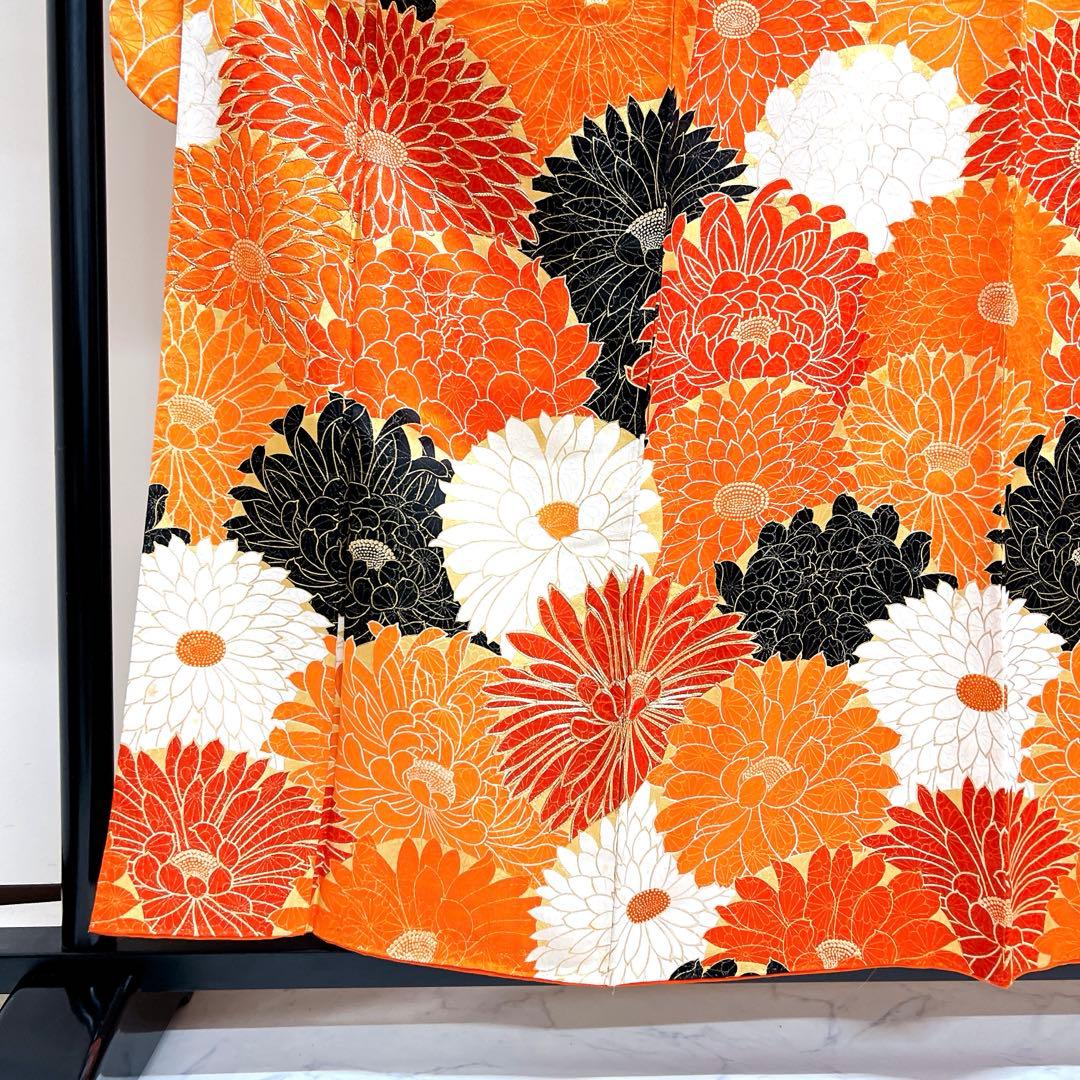 振袖　金駒刺繍　金彩　菊花　乱菊　変わり市松　着物　021tz ☆